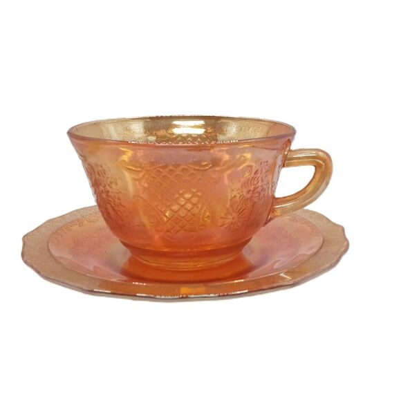 Vintage Carnival Glass Cup Saucer Marigold Amber Floral Lattice MCM Decor VTG - Picture 3 of 12